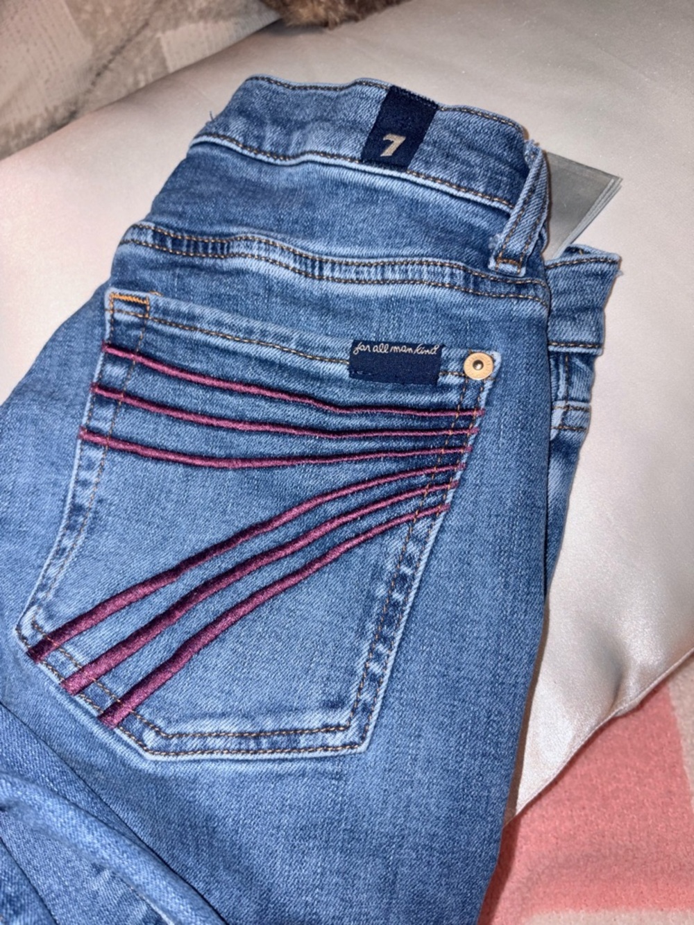 7 For All Mankind Blue Denim Jeans with Pink Pocket Stitching